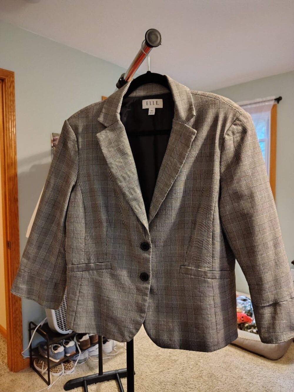 ELLE XXL Gray Plaid Windowpane Blazer Split Cuff Career Jacket